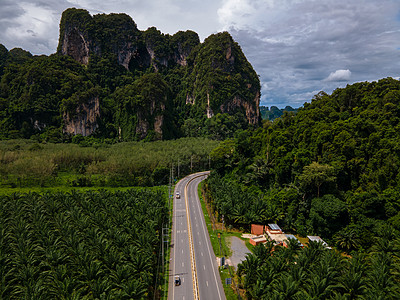 泰国Krabi棕榈树和石灰岩山之间交通畅通的美丽道路农村天线街道天空运输石头风景树木场地小路图片
