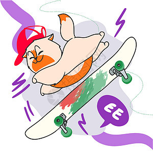 红帽子的可爱卡通姜猫 骑长板 玩得开心 滑溜冰 暑假溜冰者女孩艺术娱乐运动鞋衣服卡通片尾巴短裤杯子图片