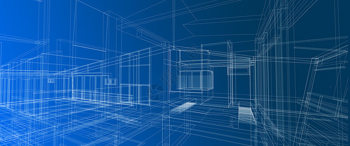 建筑室内空间设计理念 3d 透视白色线框渲染渐变蓝色背景计算机智能技术背景图片