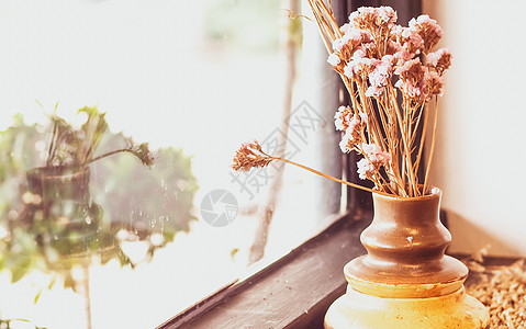 窗户上展示着一个小植物锅 窗外的一整束花朵和幕幕幕相近园艺花瓶花束花园礼物房间季节植物群房子生长图片