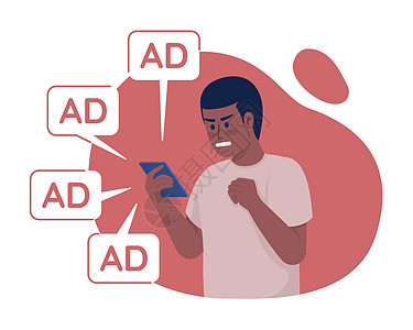 男人对多余的在线广告 2D 矢量孤立插图感到愤怒图片