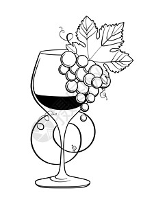 与玻璃的葡萄酒 写意画 白色背景上的线条艺术 复古雕刻风格的黑白图片 矢量插图图片