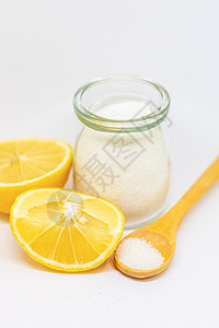 白孤立背景上的脂肪酸 选择性焦点 有选择的焦点柠檬果汁防腐剂化学品添加剂粉末营养勺子桌子横幅图片