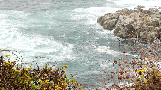 冰冷的海洋 大雾的天气 海浪在海滩上坠落 加利福尼亚州 大苏尔州气氛泡沫远足生态旅游外表旅游远景悬崖海景海岸图片