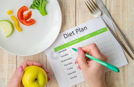 每周饮食计划 适当营养的概念 有选择的焦点日记重量减肥磁带素食主义者午餐节食食物排毒水果图片