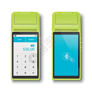 矢量 3d 橙色 NFC 支付机设置隔离 WiFi 无线支付 带有金额和 Wifi 标志的屏幕 POS 终端 银行支付非接触式终图片