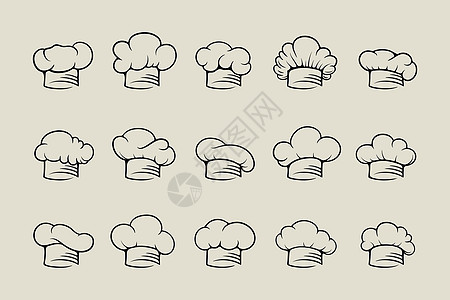 厨师帽 无边帽单色线性图标系列 矢量厨师 贝克厨师帽设计模板集隔离 面包店 餐厅 厨房制服 轮廓黑 白棉帽 职业布卡通片美食家糕图片