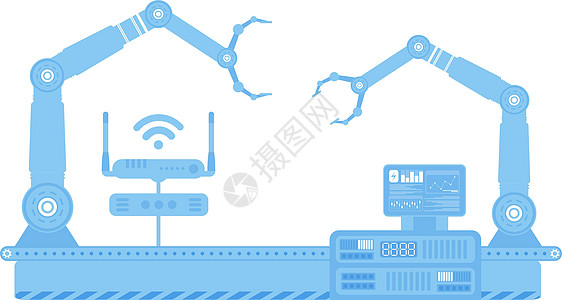 带机械臂的自动输送线 物联网和自动化的概念 孤立 向量机械全球化劳动者电子人工作工程技术包装电脑工具图片