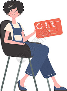 一名妇女坐在椅子上 主持一个有分析器和指标的小组 掌握在她手中 互联网上的事物概念 孤立的矢量说明图片