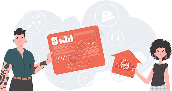 IoT概念  物料团队  互联网 对介绍和网站有好处 以时髦的平板风格用矢量图解男人工作女性银行技术伙伴办公室网络商业制造业图片