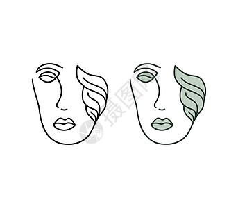 以直线和填充的轮廓样式用矢量说明自然女孩 用叶子标识设计的女孩头与白色背景隔离鼻子女性植物传单插图化身发型手绘艺术树叶图片