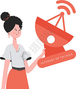 IoT 概念 一个女人手里握着卫星天线 孤立的 平式矢量插图背景图片