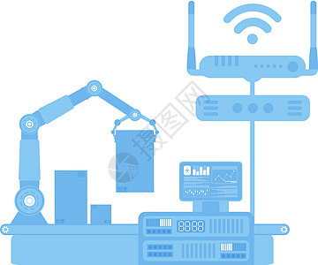 带机械臂的自动输送线 物联网和自动化的概念 孤立 向量创新机械工具包装全球化劳动者技术劳动工人加工图片
