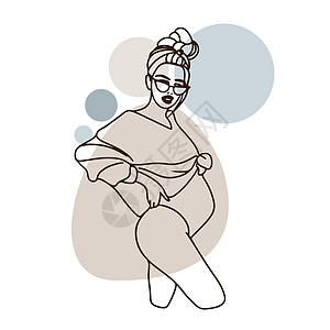 身戴眼镜 穿着泳衣 圆大肚子 面粉的怀孕女孩头发父母婴儿数字比基尼女性内衣卡通片插图家庭图片
