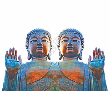 Abhaya 手印中的佛教神 具有效果的氧化古代佛陀雕像 举起右手的佛像 在镜面效果中象征着无所畏惧和安心图片