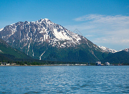 俯视阿拉斯加苏厄德山峰港口旅行顶峰风景海岸游轮海岸线游船森林假期图片