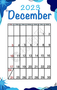 12 月计划日历 2023 年 英语矢量垂直日历模板 简约的设计 星期从星期日开始图片