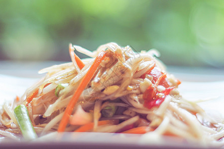 泰国最好的菜盘是泰国的素食木瓜辣椒沙拉食品烹饪午餐柠檬美食餐厅盘子面条热带食物饮食图片