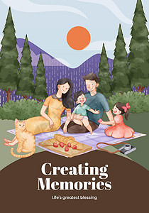 带有家庭娱乐日概念 水彩色风格的海报模板夫妻孩子团体民众叶子母亲场景社区卡通片小册子图片