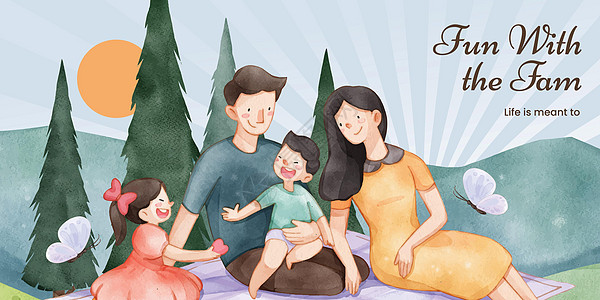 带有家庭娱乐日概念 水彩色风格的主博客模板互联网男生广告民众长椅动物母亲网站插图夫妻图片