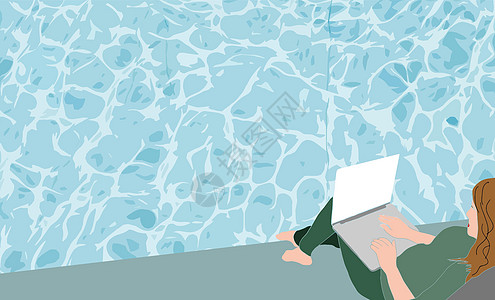 远程自由职业和沟通理念 年轻微笑的女性卡通人物坐在游泳池边 拿着鸡尾酒和笔记本电脑 在网上工作 向量例证图片