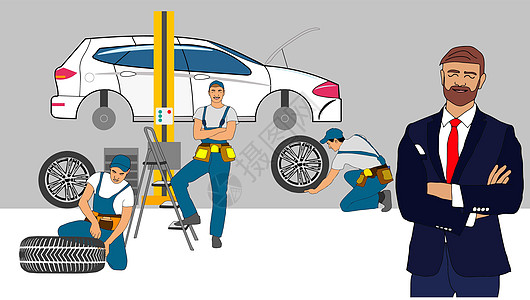 汽车服务和维修 矢量插图男人团队网站车辆横幅工具机械车轮工作运输图片