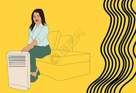 坐在沙发附近的空气净化剂和润湿剂用具附近的妇女 家庭健康微气候概念 矢量图通风地面插图呼吸机扇子房间水分女士器具卫生图片