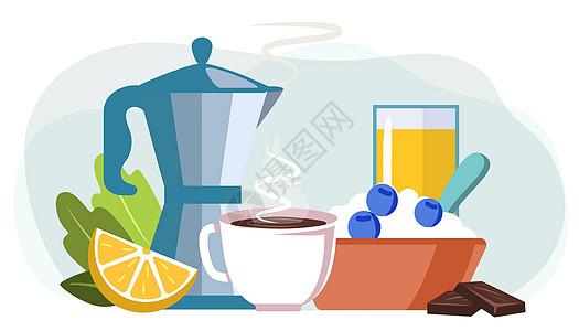 早安早餐 燕麦加浆果 茶叶或咖啡壶和橙汁图片