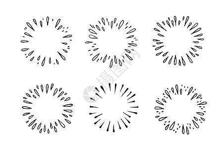 Doodle恒星暴发 轮廓喷出滴落 烟火隔离光线 装饰简单的圆形框架手绘圆圈横幅线条乐趣涂鸦绘画潮人卡通片中心图片