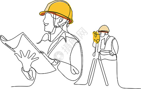 白种工人头戴头盔使用平板电脑工作台地线领班设计师画线专家单线线条木匠绘画图片
