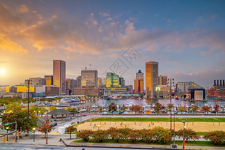 美国马里兰州市风景的巴尔的摩市中心建筑学日落全景地标港口吸引力城市商业都市市中心图片