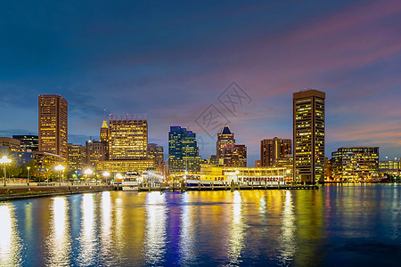 美国马里兰州市风景的巴尔的摩市中心天际港口景观全景建筑商业建筑学日落地标都市图片