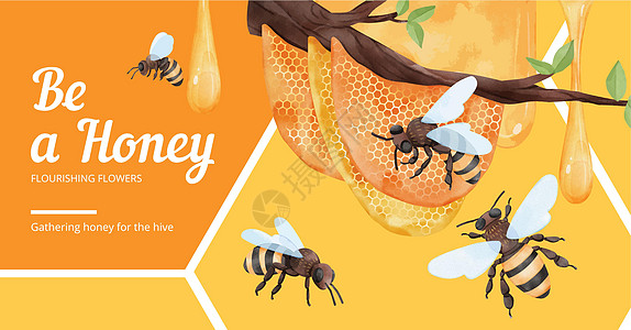 带有蜜蜂概念 水彩色风格的Facebook广告模板糖浆社区蜂巢蜂蜜营销媒体薰衣草蜂窝甜点光泽度图片