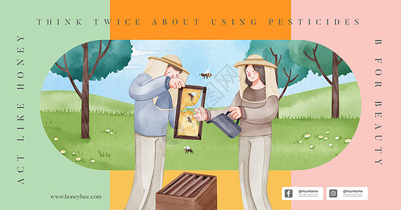 带有蜜蜂概念 水彩色风格的Facebook广告模板糖浆水彩甜点农场向日葵插图印迹养蜂业薰衣草食物图片