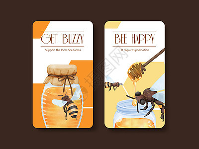 含有蜜蜂概念 水彩色风格的Instagram模板养蜂业蜂房糖浆向日葵食物营销甜点瓶子光泽度印迹图片