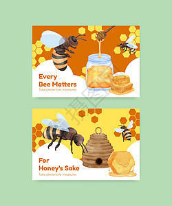 带有蜜蜂概念 水彩色风格的Facebook贴纸模板印迹营销水彩薰衣草糖浆社交勺子蜂蜜蜂巢农场图片