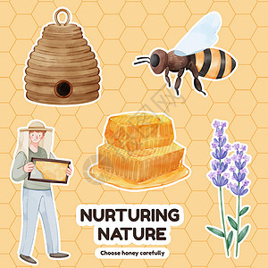 带有蜜蜂概念的粘贴板模板 水色风格食物糖浆向日葵产品标识营销蜂房香味插图甜点图片