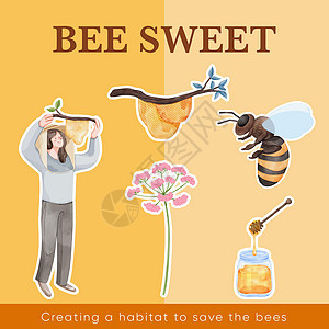 带有蜜蜂概念的粘贴板模板 水色风格甜点蜂房昆虫食物产品蜂巢勺子玩具农场花粉图片