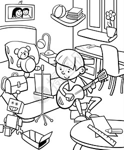 男孩在房间里弹吉他 卡通彩色页面图片