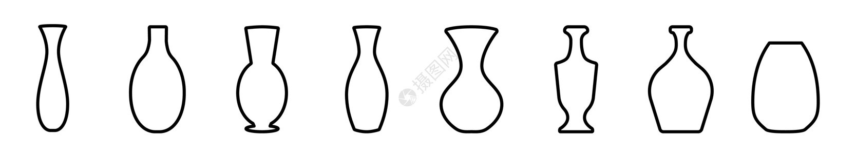 花瓶的轮廓 一套不同的花瓶 花瓶的黑色线性图标投手插图玻璃陶瓷陶器制品双耳水壶古董收藏图片