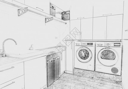 在现代房子里带洗衣机的洗衣房 手工绘铅笔画笔风格图片