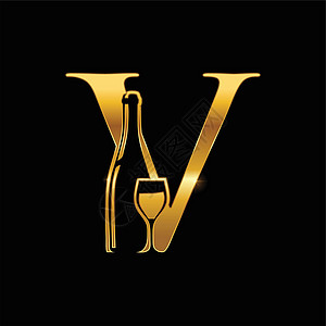 金红酒瓶和玻璃杯 音频字母V Logo 信号图片