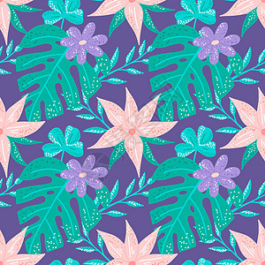 热带植物和花朵 有紫底的纹理 外来无缝模式图片