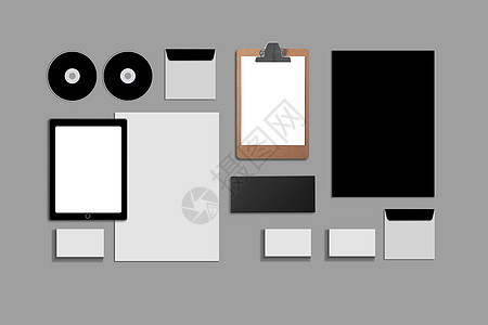 空白公司 ID 设置在灰色背景上 包括名片 文件夹 平板电脑 信封 a4 信笺 笔记本 闪光灯 铅笔 cd 盘和智能手机嘲笑阴影图片