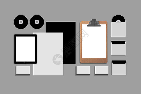 空白公司 ID 设置在灰色背景上 包括名片 文件夹 平板电脑 信封 a4 信笺 笔记本 闪光灯 铅笔 cd 盘和智能手机办公室笔图片