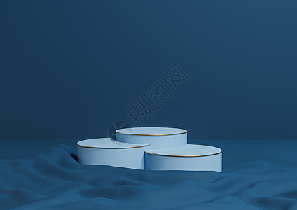 黑色 水蓝色3D 提供最起码产品 展示三个豪华圆柱式讲台或摊台 用卷状纺织产品摄影背景图画布和金线化妆品图片