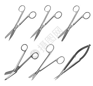 一套外科直线剪刀 有各种刀形和不同用途的外科剪切机接缝刀具曲柄工具戒指收藏金属诊所乐器医院图片