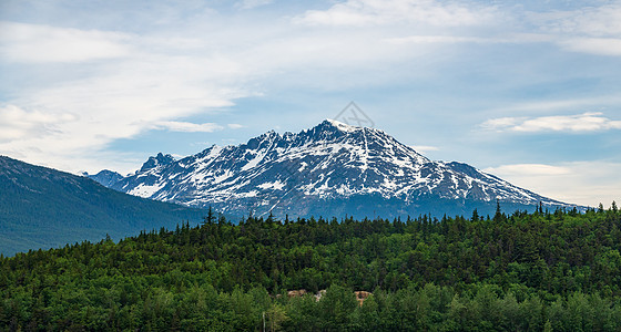 清晨在阿拉斯加小镇Skagway郊外的雪盖山巡航旅行旅游树木地形建筑学天空房子森林风景图片