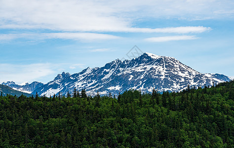 清晨在阿拉斯加小镇Skagway郊外的雪盖山旅行地形天空森林树木房子旅游建筑学风景村庄图片