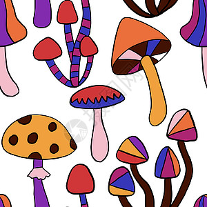 无缝手画图案和嬉皮花蘑菇一样 以橙色紫蓝色红颜色 1960年代的回溯性老作风格 带有幻觉催眠元素的三纹野生明亮背景插图橙子紫色节图片